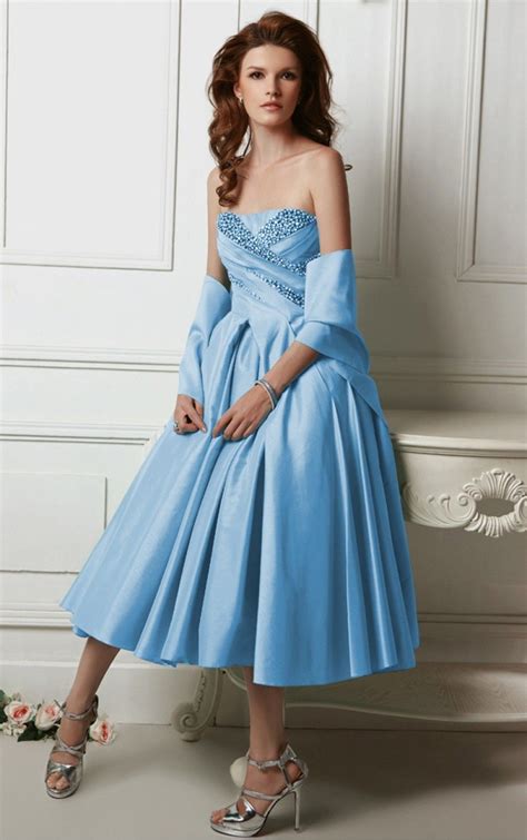 Light Sky Blue Princess Tea Length Strapless Dress Vintage Style Prom