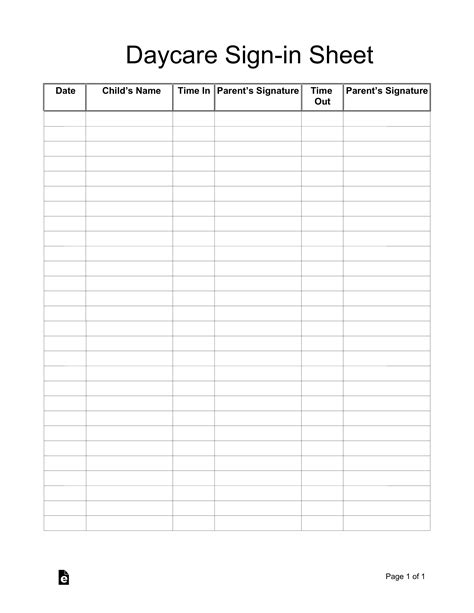 Daycare Sign In Sheet Free Printable
