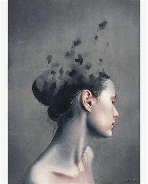 A Painting Of A Womans Head With Birds Flying Out Of The Top Of Her Hair