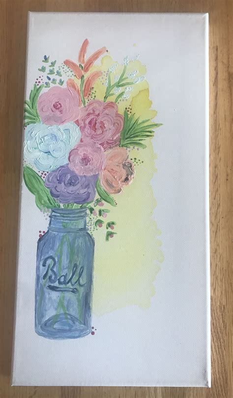 A Painting Of Flowers In A Blue Mason Jar