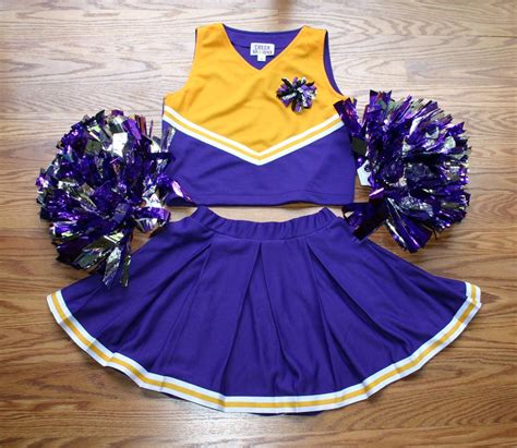 cheerleader outfit costume uniform purple gold pom poms 12 deluxe set ebay