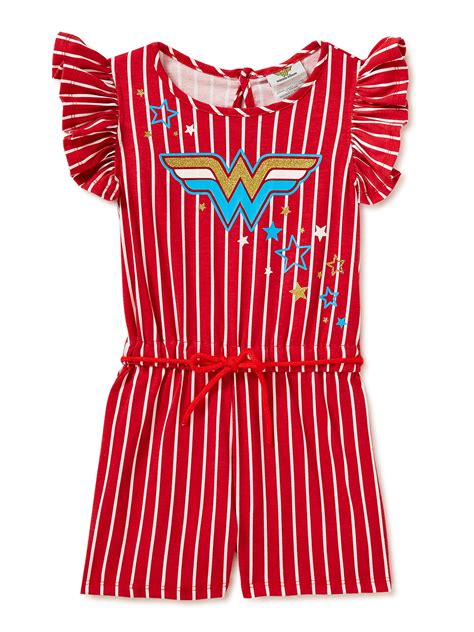 Wonder Woman Girls Graphic Flutter Sleeve Belted Romper Sizes 4 18