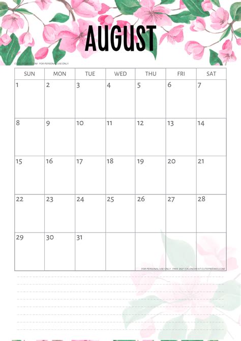 August 2021 Calendar Printable Pink Cute Freebies For You