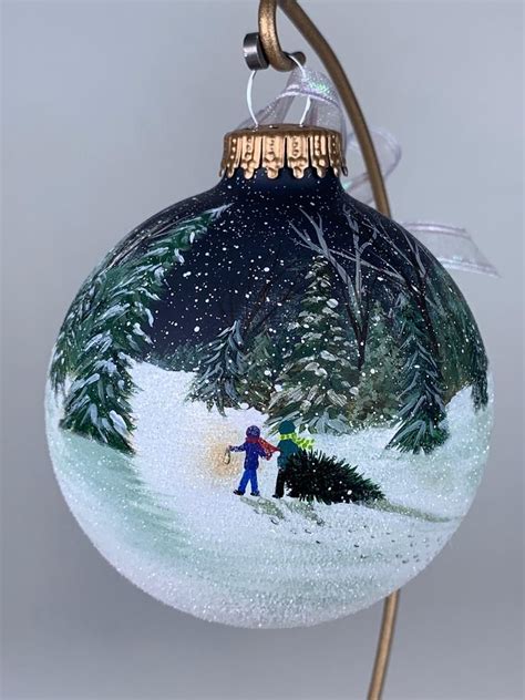 Hand Painted Ornament Winter Night Snowing Scene Couple Walking