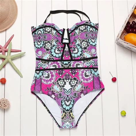 Women Floral Printed Push Up One Piece Purple Swimsuit One Piece