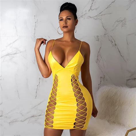 Women Sexy Strapless Pu Leather Club Dress Solid Yellow Hollow Out Bodycon Sexy Mini Party