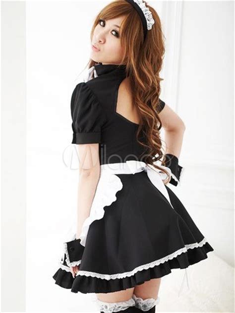 Black Two Tone Bow Polyester Sexy French Maid Costume