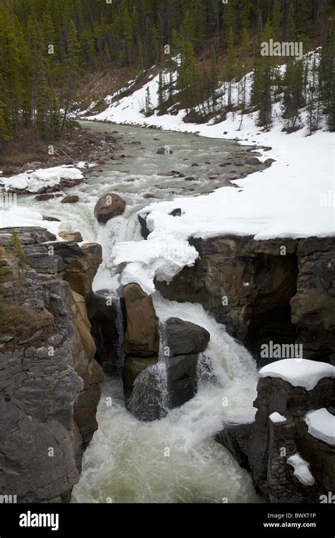 Sunwapta River And Falls In Winter By Icefields Parkway Jasper