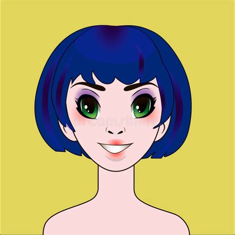 Anime Girl With Blue Bob Hairstyle Portrait Stock Illustration
