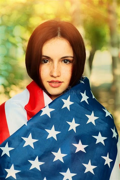 Calm Young Woman Warp In Us American Flag Stock Photo Image Of