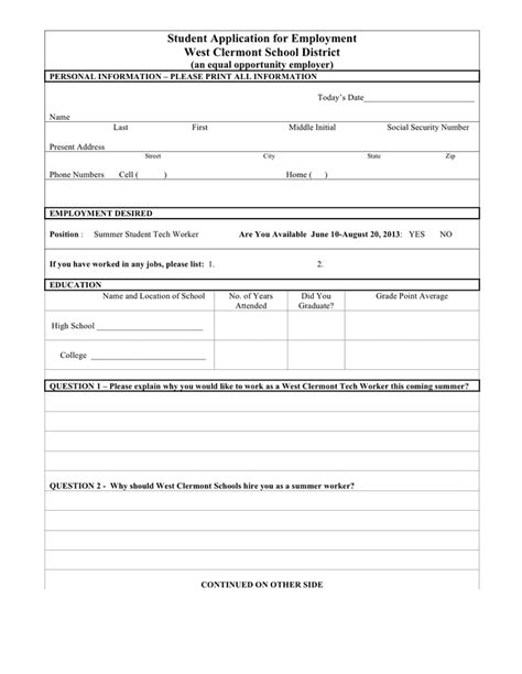 Student Application For Employment Template In Word And Pdf Formats