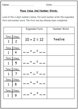 8 = 0 tens 8 ones f. Number Words & Place Value Worksheets (Tens & Ones). by ...