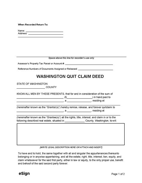 Free Washington Quit Claim Deed Form PDF Word
