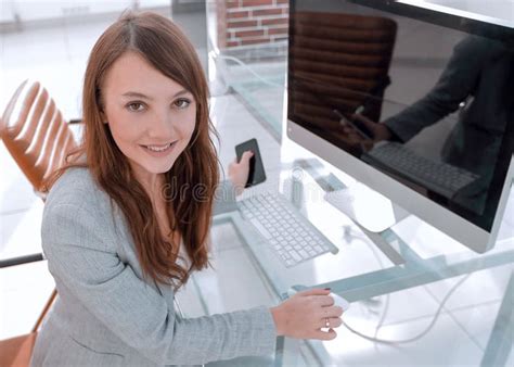 Modern Business Woman Sitting At Her Desk Stock Photo Image Of