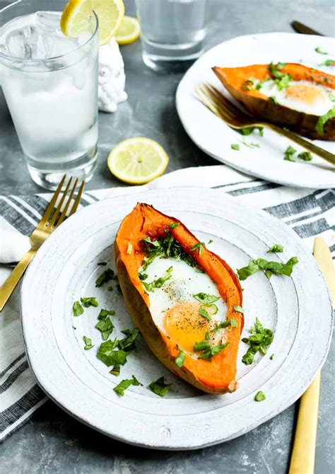 Baked Eggs And Spinach In Sweet Potato Boats Happy Healthy Mama