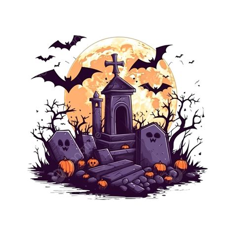 Happy Halloween Greeting Card With Tombstone Bats Flying And Moon