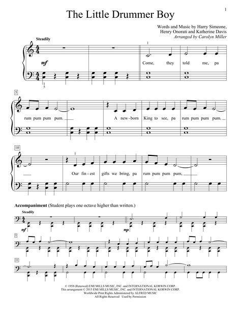 Easy piano arrangement of the little drummer boy from www.musicditties.com. The Little Drummer Boy sheet music by Carolyn Miller (Educational Piano - 173415)