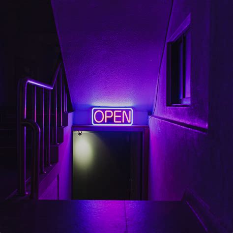 Download Wallpaper 2780x2780 Sign Neon Light Purple Door Dark Ipad