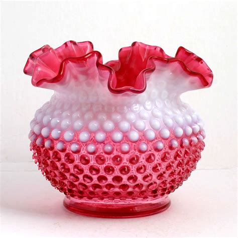 Fenton Cranberry Opalescent Hobnail Vase Vintage Ruffled Art Glass 3850 Pink Glass Glass Art