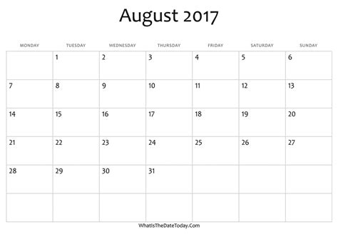 Blank August Calendar 2017 Editable Whatisthedatetodaycom