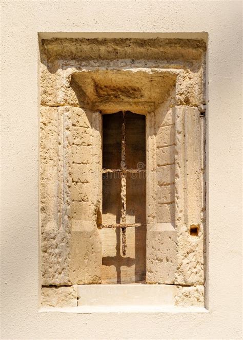 An Ancient Stone Window With An Old Window Grid Stock Image Image Of