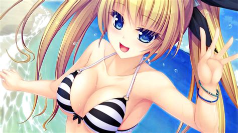 Fondos De Pantalla Anime Chicas Anime Ojos Azules Rubia Playa Pelo Largo Sonriente