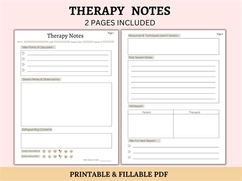 Therapy Notes Therapist Worksheet Printable & Fillable Therapy Session