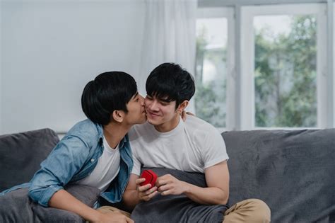 Free Photo Young Asian Gay Couple Propose At Home Teen Korean Lgbtq Men Happy Smiling Have