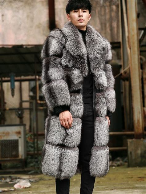 Real Fox Fur Winter Coat Men Thicken Warm Silver Fox Color Long