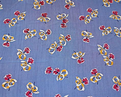 Vintage 1940s Rayon Floral Print Fabric Blue With Red And Yellow