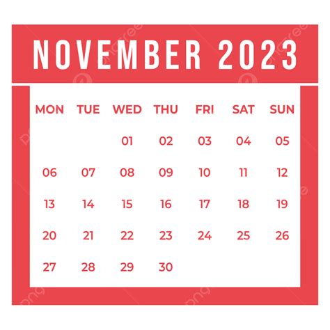 November 2023 Transparent Monthly Calendar November 2023 November