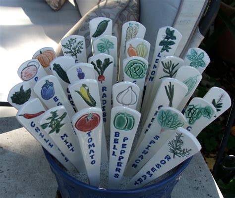 Set Of Three Ceramic Plant Markers Vegetables By Potterybysumiko