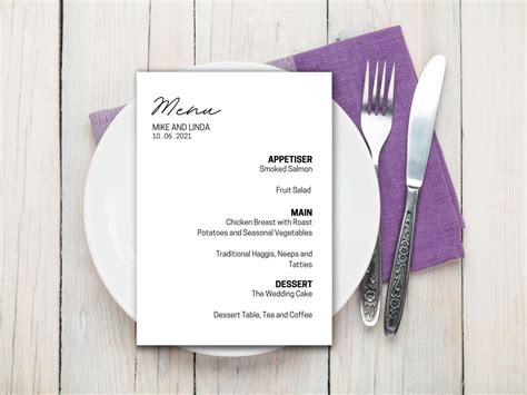 Minimalist Cursive Font Wedding Meal Menu Downloadable Etsy