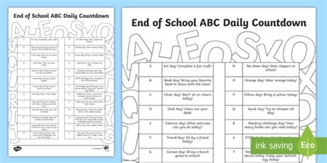End Of School Year Abcs Daily Countdown Worksheet Activity Sheet End Of