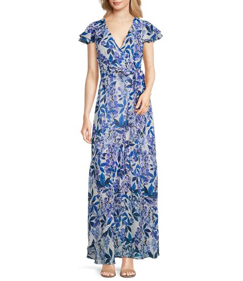 eliza j floral print short flutter sleeve faux wrap maxi dress dillard s