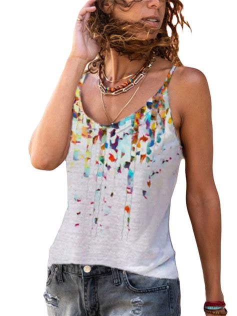 Ukap Women Summer Boho Tank Top Beach Holiday Spaghetti Strap Fashion Tee Shirts Chic Tops