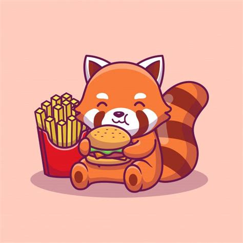 Cute Panda Eat Burger And French Fried Icon Illustration. Animal Food