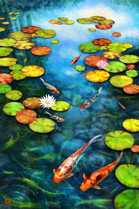 Koi In Lily Pond By Pencilkiller Koi Art Pond Painting Koi Painting