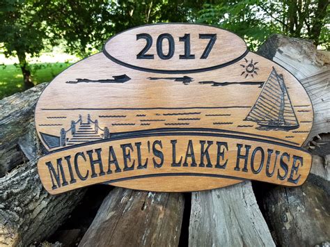 Lake House Name Sign Personalized Custom Carved Sailboat Dock Lake Sun