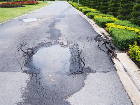 Potholes On Damaged Asphalt Road Stock Image Image Of Defect Fissure