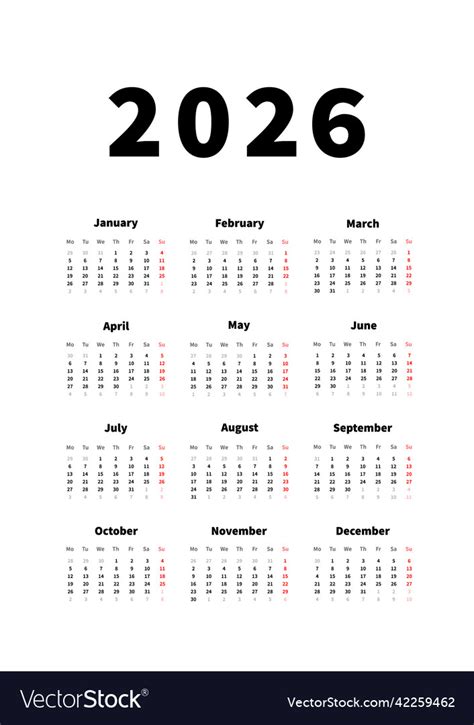 2026 Year Simple Vertical Calendar In English Vector Image