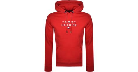 Tommy Hilfiger Fleece Logo Pullover Hoodie In Red For Men Lyst