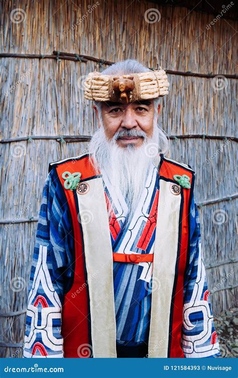 A Man In Ainu Tradition Tribal Costume At Shiraoi Ainu Museum H