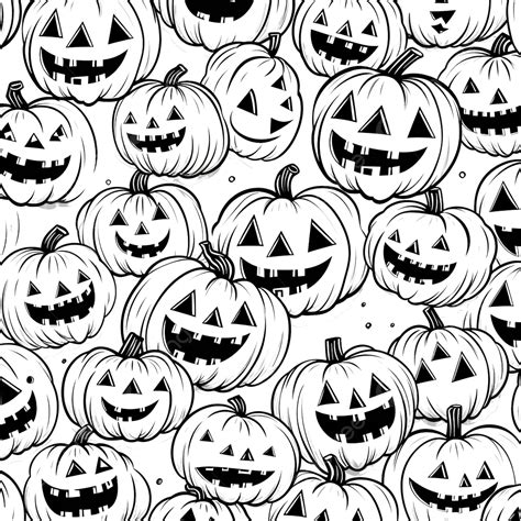Halloween Outline Pumpkins Seamless Pattern Doodle Vector Illustration