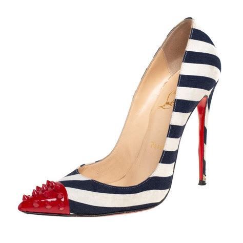 christian louboutin blue white patent leather striped spike size 38 5 at 1stdibs