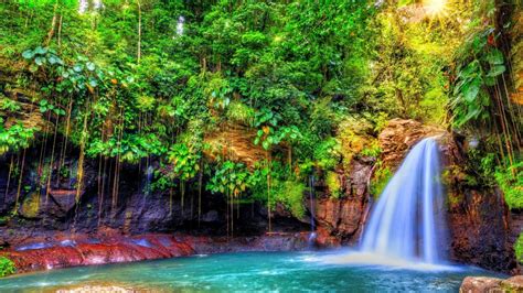 Nature Landscape Waterfall With Turquoise Blue Water Rock