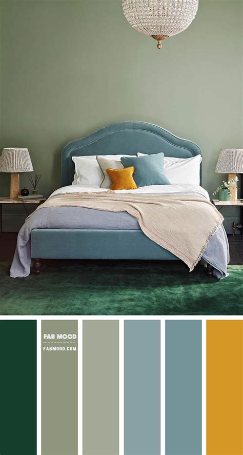 It is a green color hinted with gray. Sage and Soft Blue Bedroom with mustard accents in 2020 | Sage green bedroom, Green bedroom ...