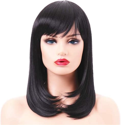 Bestung Shoulder Length 16 Inches Straight Wigs For Women Natural Black Synthetic Full Wig With