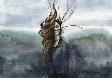 Hair Waving In The Breeze Girl Moody Watercolor Illustration By