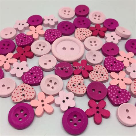 100pcs Pink Mix Wood Buttons Round Heart Flower Embellishments